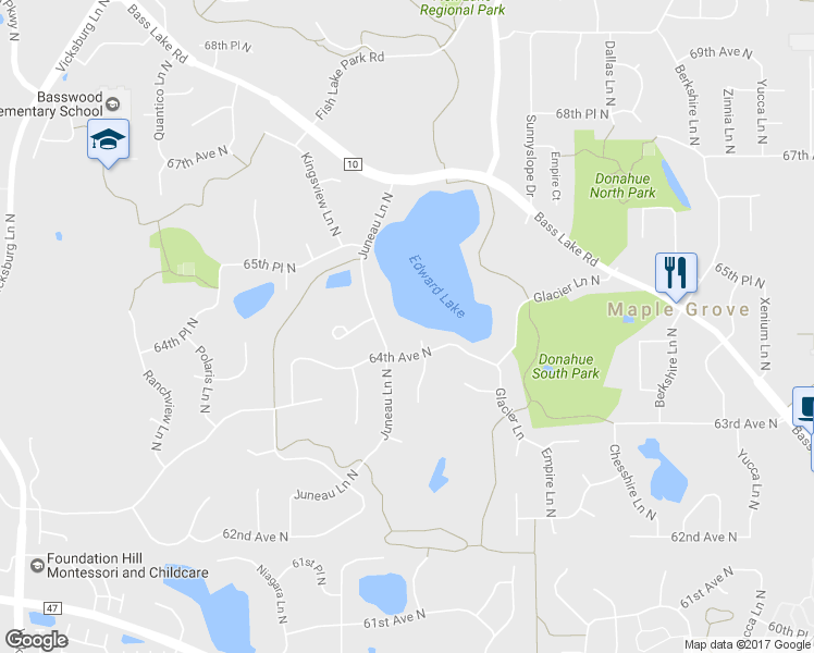 map of restaurants, bars, coffee shops, grocery stores, and more near 6427 Ithaca Lane North in Maple Grove