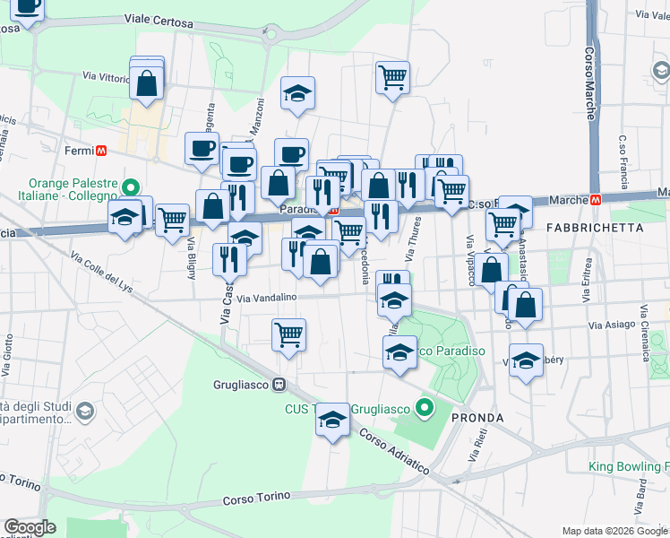 map of restaurants, bars, coffee shops, grocery stores, and more near 16 Via Podgora in Grugliasco