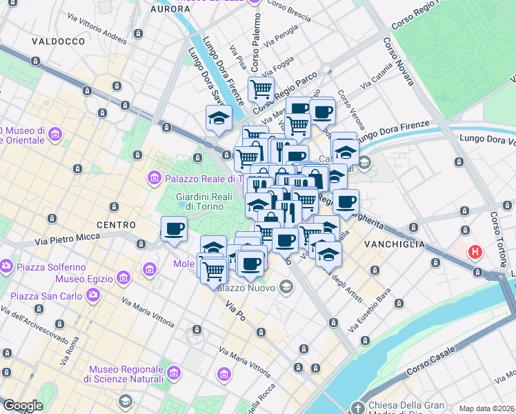 map of restaurants, bars, coffee shops, grocery stores, and more near 20 Via Gioachino Rossini in Torino