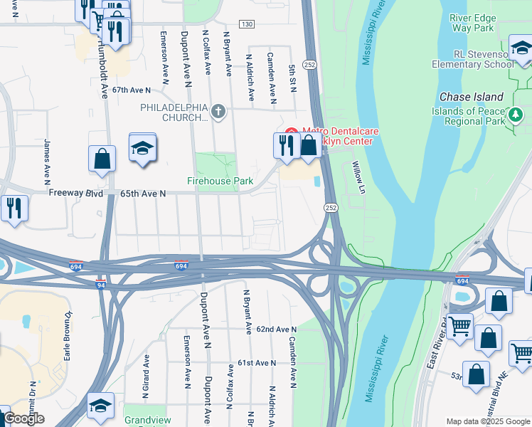 map of restaurants, bars, coffee shops, grocery stores, and more near 6407 Camden Avenue North in Brooklyn Center