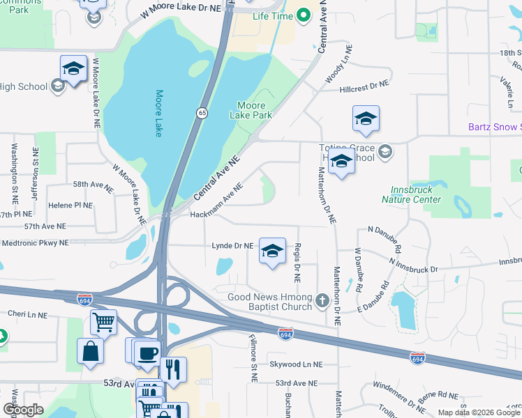 map of restaurants, bars, coffee shops, grocery stores, and more near 1032 Hackmann Circle Northeast in Fridley