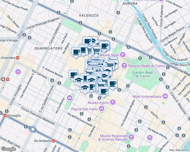map of restaurants, bars, coffee shops, grocery stores, and more near 3G Via dei Mercanti in Torino