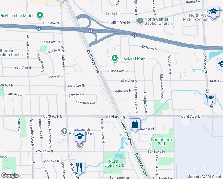 map of restaurants, bars, coffee shops, grocery stores, and more near 6908 64th Avenue North in Minneapolis