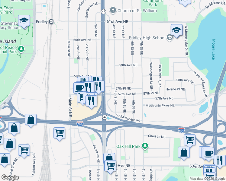 map of restaurants, bars, coffee shops, grocery stores, and more near 5701 University Avenue Northeast Service Road in Fridley