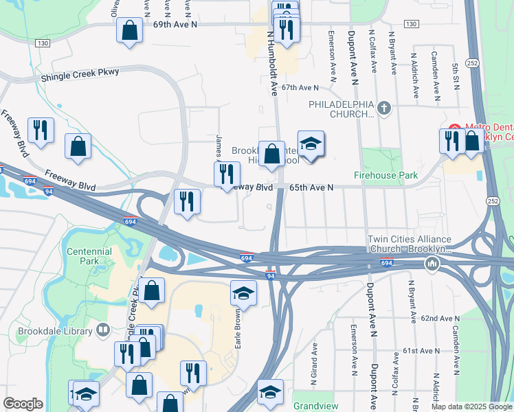 map of restaurants, bars, coffee shops, grocery stores, and more near 1501 Freeway Boulevard in Minneapolis