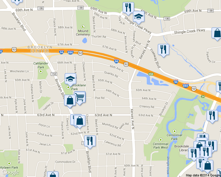 map of restaurants, bars, coffee shops, grocery stores, and more near 3206 64th Avenue North in Minneapolis