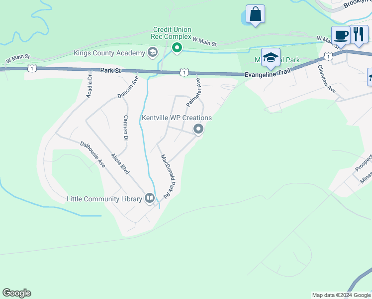 map of restaurants, bars, coffee shops, grocery stores, and more near 72 Grant Street in Kentville