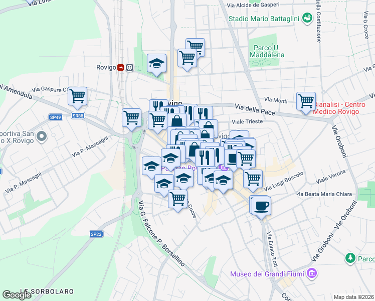map of restaurants, bars, coffee shops, grocery stores, and more near 27 Via Umberto I in Rovigo