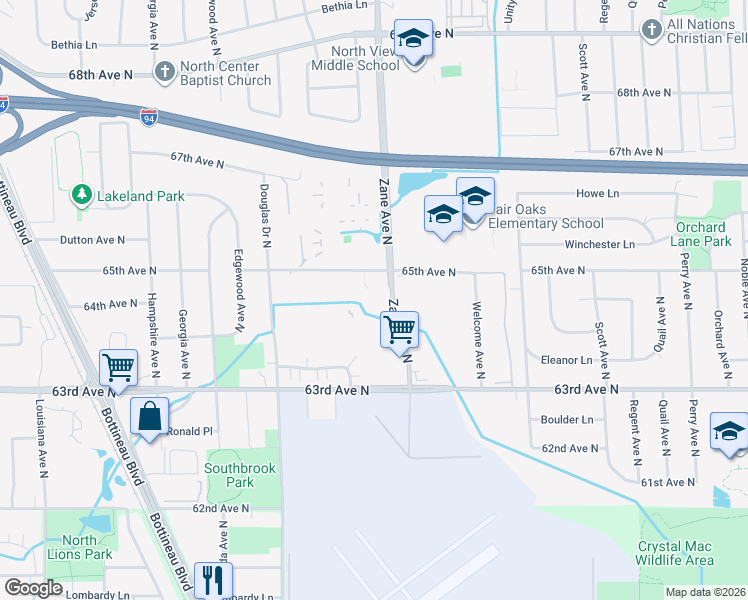map of restaurants, bars, coffee shops, grocery stores, and more near 6455 Zane Avenue North in Brooklyn Park