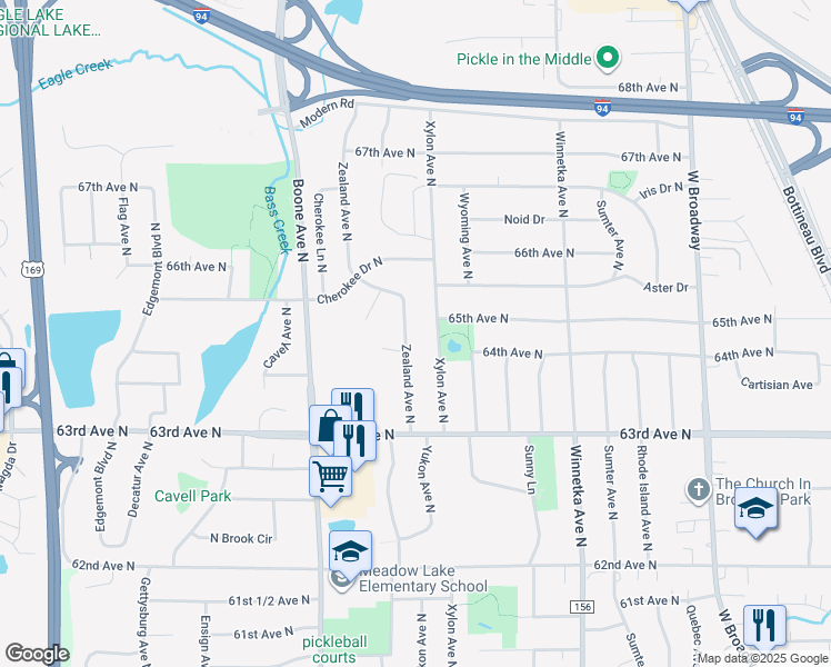map of restaurants, bars, coffee shops, grocery stores, and more near 6416 Zealand Avenue North in Minneapolis