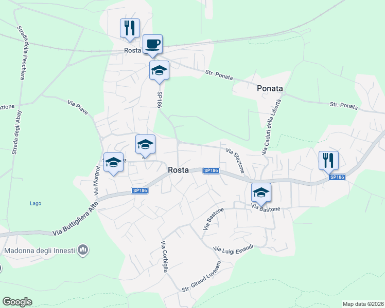 map of restaurants, bars, coffee shops, grocery stores, and more near 14 Via Stazione in Rosta