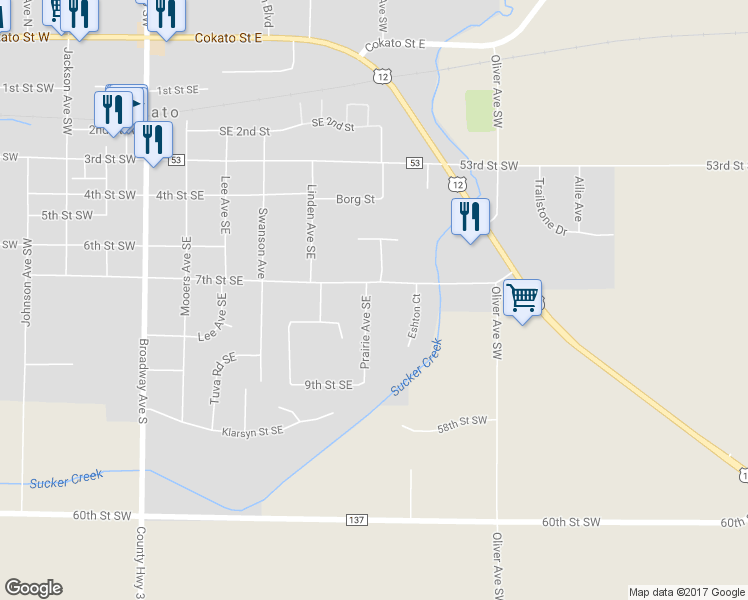 map of restaurants, bars, coffee shops, grocery stores, and more near 725 Prairie Avenue Southeast in Cokato