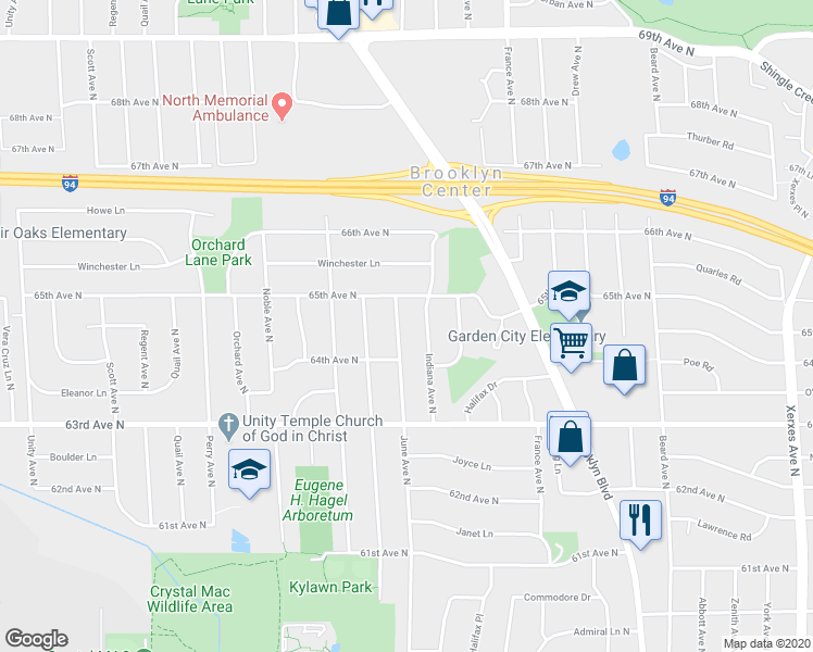 map of restaurants, bars, coffee shops, grocery stores, and more near 6424 June Avenue North in Minneapolis