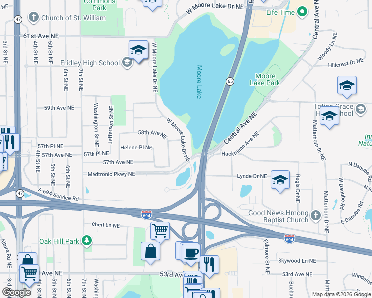 map of restaurants, bars, coffee shops, grocery stores, and more near 5733 West Moore Lake Drive Northeast in Fridley