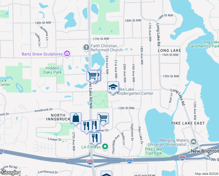 map of restaurants, bars, coffee shops, grocery stores, and more near 2140 14th Street Northwest in New Brighton