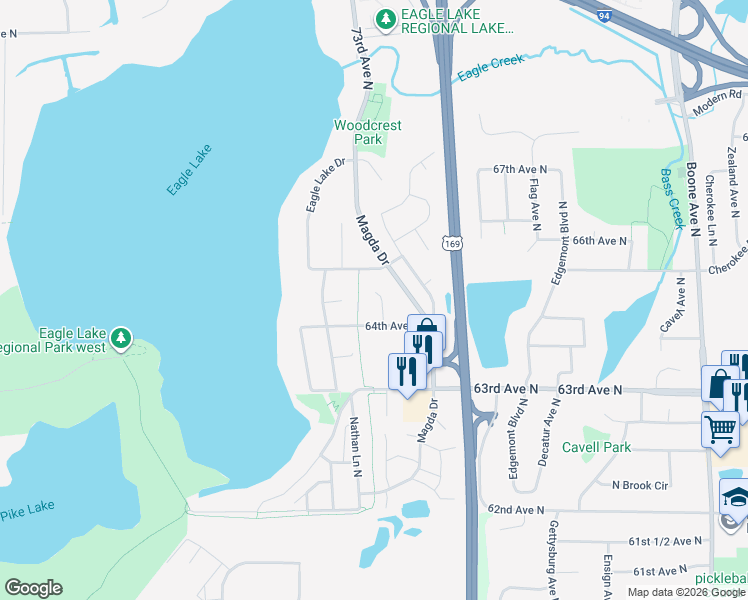 map of restaurants, bars, coffee shops, grocery stores, and more near 6443 Monticello Lane North in Maple Grove