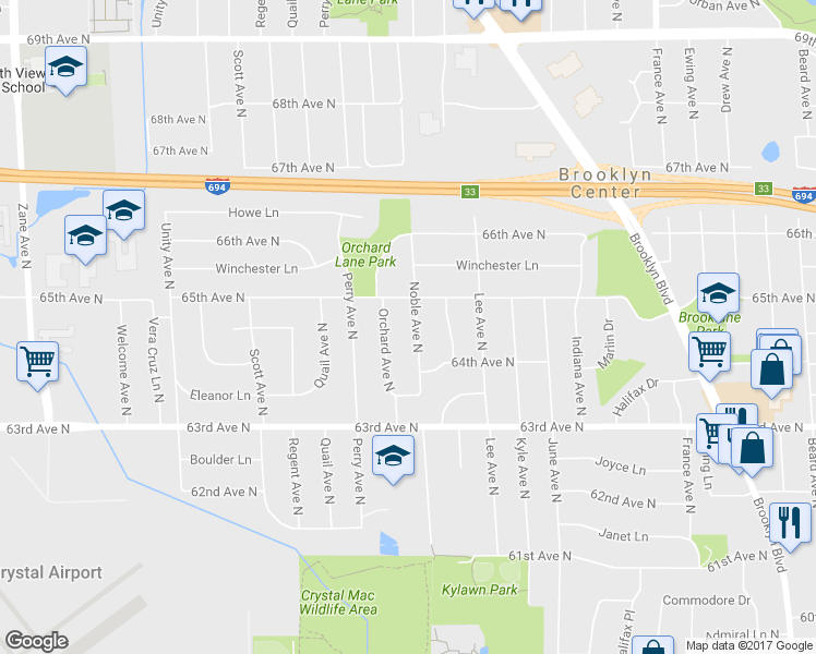 map of restaurants, bars, coffee shops, grocery stores, and more near 6425 Noble Avenue North in Brooklyn Center