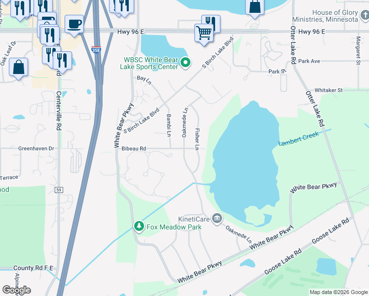 map of restaurants, bars, coffee shops, grocery stores, and more near 4292 Oakmede Lane in White Bear Lake