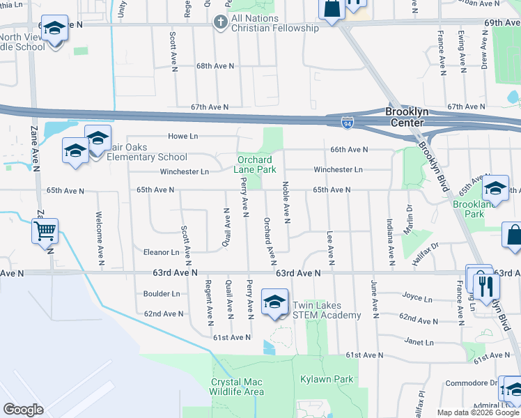 map of restaurants, bars, coffee shops, grocery stores, and more near 6425 Orchard Avenue North in Minneapolis