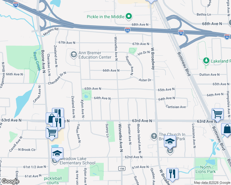 map of restaurants, bars, coffee shops, grocery stores, and more near 6409 Winnetka Avenue North in Minneapolis