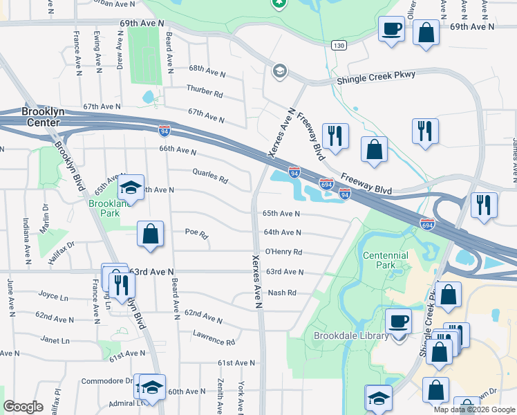 map of restaurants, bars, coffee shops, grocery stores, and more near 2918 65th Avenue North in Minneapolis