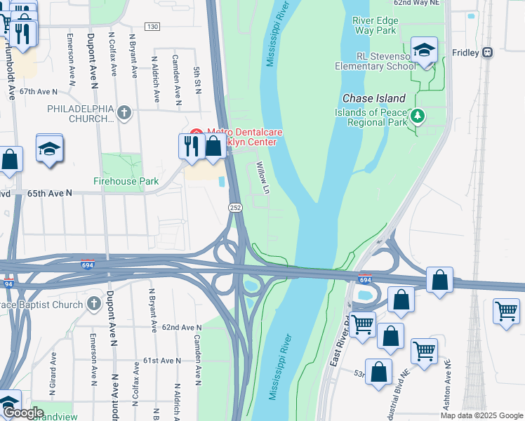 map of restaurants, bars, coffee shops, grocery stores, and more near 6433 Willow Lane in Brooklyn Center