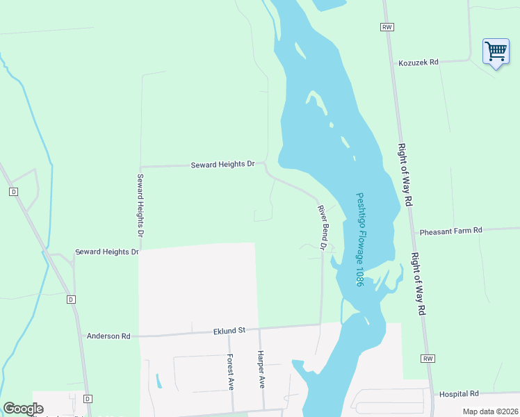 map of restaurants, bars, coffee shops, grocery stores, and more near W3178 Shorewood Lane in Peshtigo