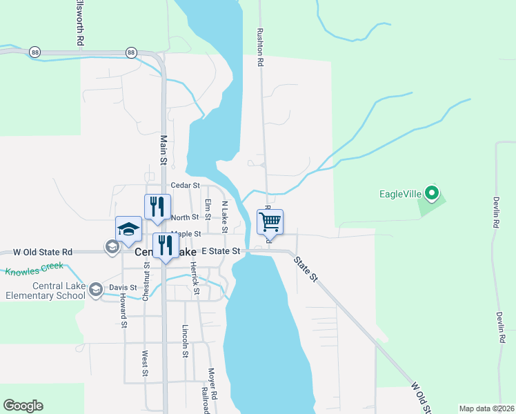 map of restaurants, bars, coffee shops, grocery stores, and more near 2541 Rushton Rd in Central Lake