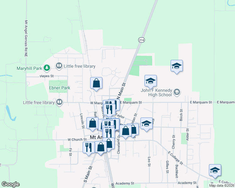 map of restaurants, bars, coffee shops, grocery stores, and more near 610 North Main Street in Mount Angel