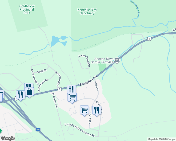map of restaurants, bars, coffee shops, grocery stores, and more near 2 Baden Powell Drive in Kentville