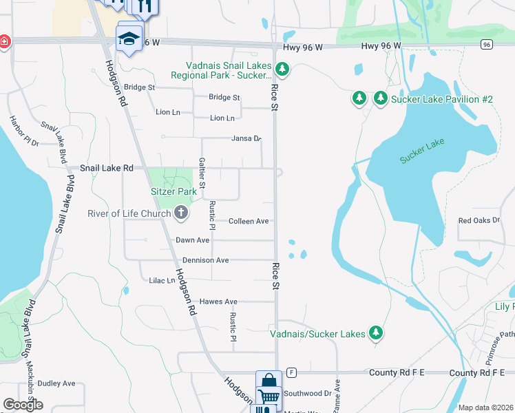 map of restaurants, bars, coffee shops, grocery stores, and more near 181 Colleen Avenue in Shoreview