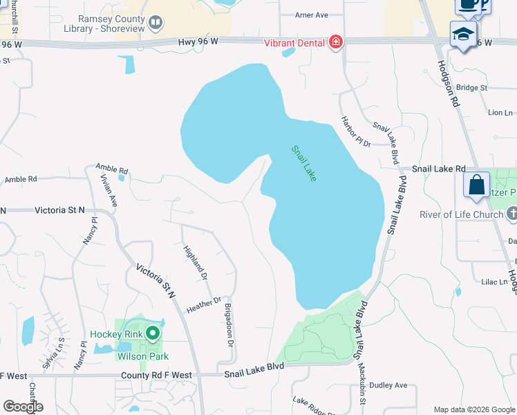 map of restaurants, bars, coffee shops, grocery stores, and more near 4302 Reiland Lane in Shoreview