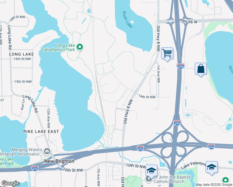 map of restaurants, bars, coffee shops, grocery stores, and more near 1368 Northwest Parkway in New Brighton
