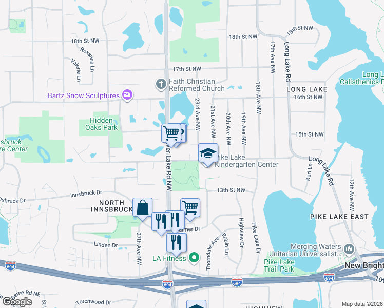 map of restaurants, bars, coffee shops, grocery stores, and more near 2140 14th Street Northwest in New Brighton