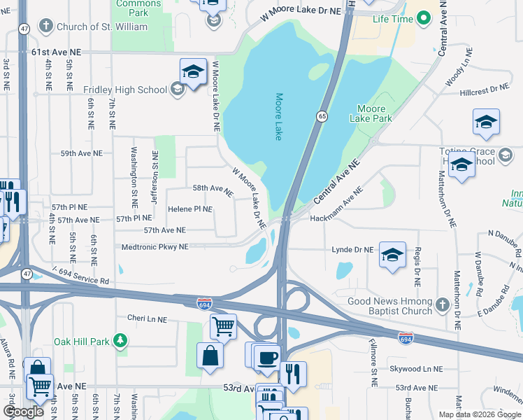 map of restaurants, bars, coffee shops, grocery stores, and more near 5733 West Moore Lake Drive Northeast in Fridley