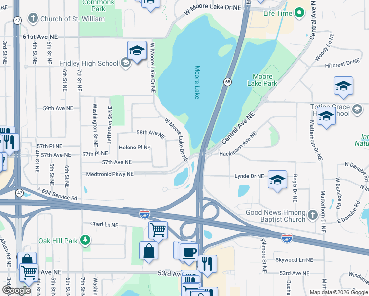 map of restaurants, bars, coffee shops, grocery stores, and more near 5733 West Moore Lake Drive Northeast in Fridley