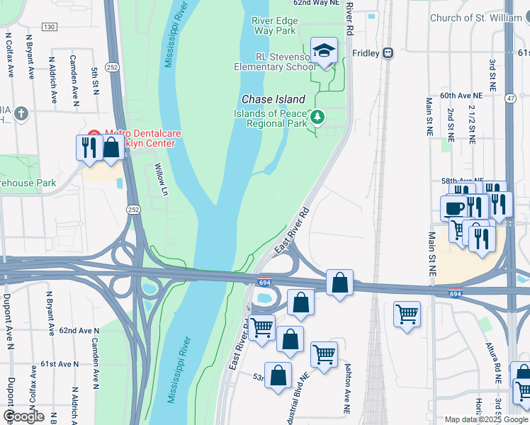 map of restaurants, bars, coffee shops, grocery stores, and more near 5640-5840 East River Road in Fridley