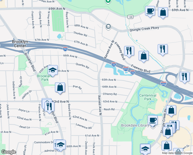 map of restaurants, bars, coffee shops, grocery stores, and more near 2918 65th Avenue North in Minneapolis