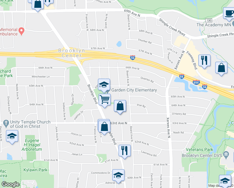 map of restaurants, bars, coffee shops, grocery stores, and more near 3415 65th Avenue North in Brooklyn Center