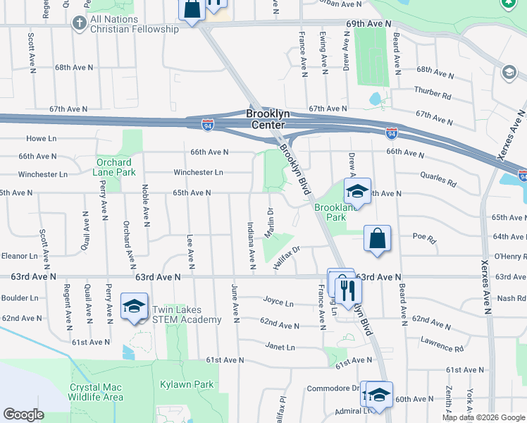 map of restaurants, bars, coffee shops, grocery stores, and more near 6431 Marlin Drive in Minneapolis
