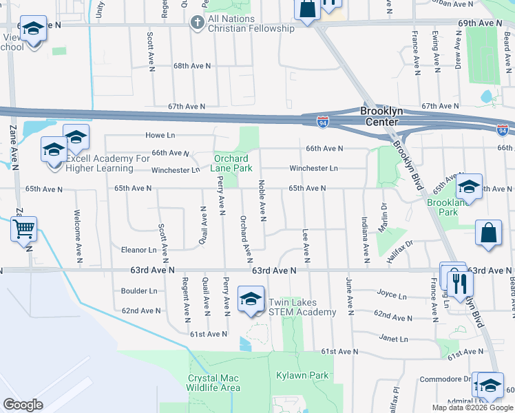 map of restaurants, bars, coffee shops, grocery stores, and more near 6425 Noble Avenue North in Brooklyn Center