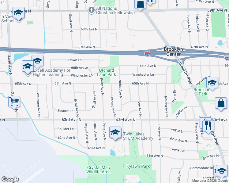 map of restaurants, bars, coffee shops, grocery stores, and more near 6425 Noble Avenue North in Brooklyn Center