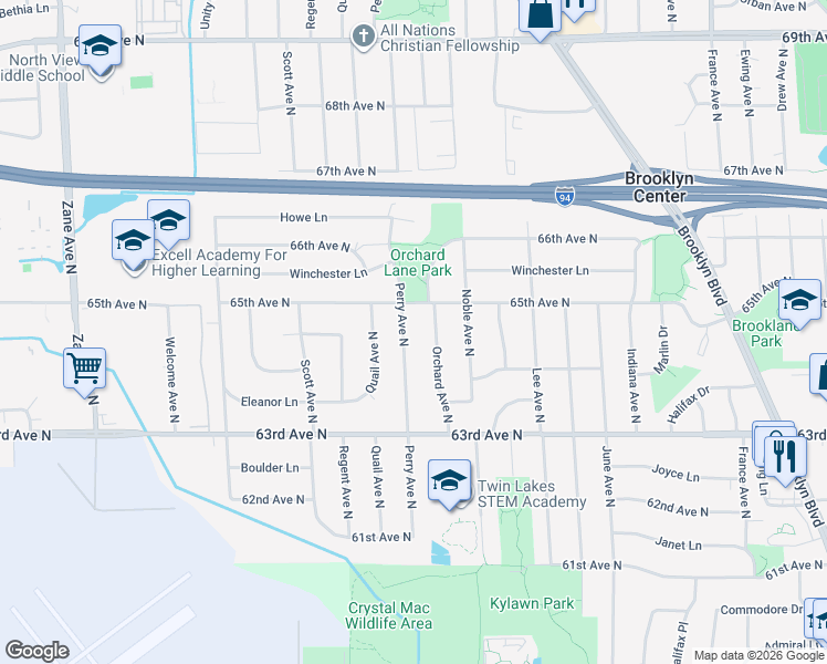 map of restaurants, bars, coffee shops, grocery stores, and more near 6425 Orchard Avenue North in Minneapolis