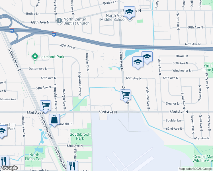 map of restaurants, bars, coffee shops, grocery stores, and more near 6420 Douglas Drive North in Brooklyn Park