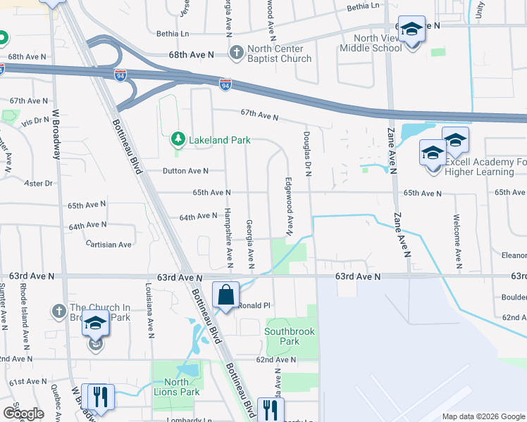 map of restaurants, bars, coffee shops, grocery stores, and more near 6424 Florida Avenue North in Minneapolis