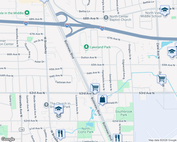 map of restaurants, bars, coffee shops, grocery stores, and more near 6908 64th Avenue North in Minneapolis