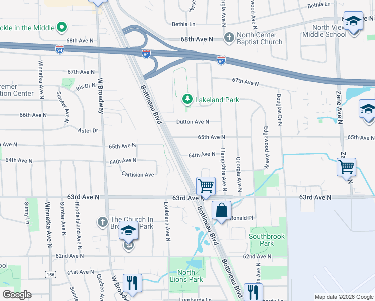map of restaurants, bars, coffee shops, grocery stores, and more near 6908 64th Avenue North in Minneapolis
