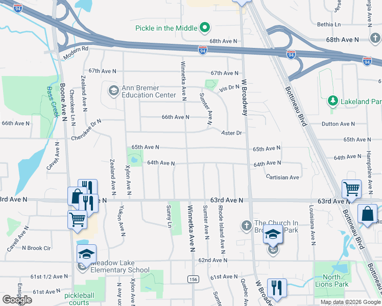 map of restaurants, bars, coffee shops, grocery stores, and more near 6409 Winnetka Avenue North in Minneapolis