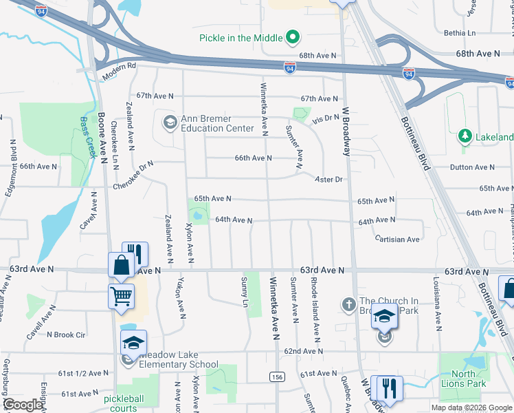 map of restaurants, bars, coffee shops, grocery stores, and more near 6409 Winnetka Avenue North in Minneapolis