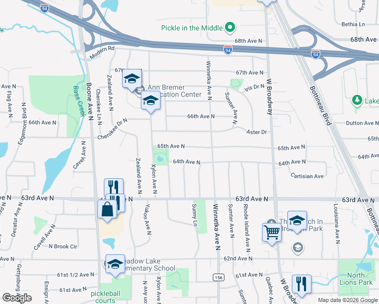 map of restaurants, bars, coffee shops, grocery stores, and more near 8001 65th Avenue North in Minneapolis